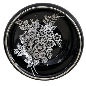 Gorgeous‎ Vintage Art Deco Black Glass Silver Rim & Floral Overlay Bowl